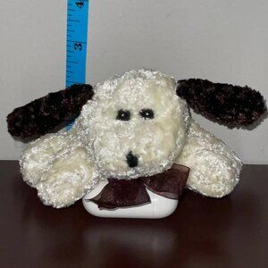 2002 Pacific Craft White Plush Puppy  5"  Stuffed Animal with Brown Bow Vintage